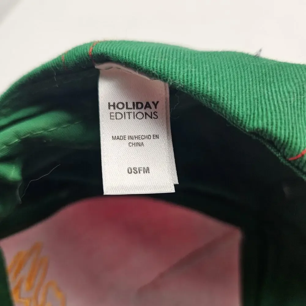 Christmas Elf Merry Hat Cap Snap Back One Size Green‎ Red Pom Pom Ears Glitter